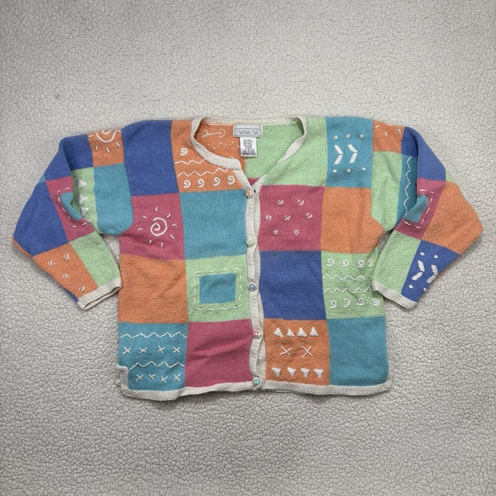 Vtg Mandal Bay Patchwork‎ Quilt Cardigan Sweater XL Colorful Bright Embroidered